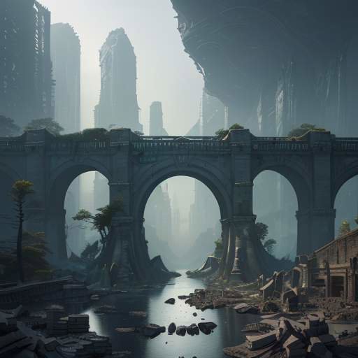 A surreal landscape featuring a stone bridge connecting an ancient, overgrown library to a futuristic neon city, symbolizing the evolution of knowledge from physical books to the digital realm under a sunset glow.