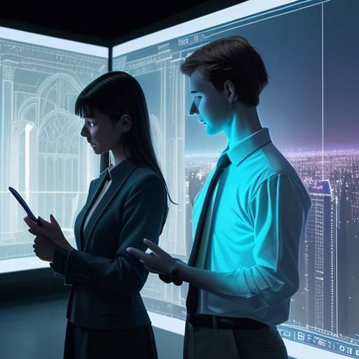 A teacher and a student stand side-by-side, examining a glowing holographic projection of a historical city as the teacher points toward a structure while the student takes notes on a digital tablet.