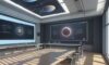 Diverse students in a futuristic, sun-drenched classroom interacting with floating holographic displays of DNA structures and planetary systems.