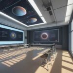 Diverse students in a futuristic, sun-drenched classroom interacting with floating holographic displays of DNA structures and planetary systems.