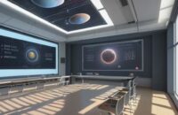 Diverse students in a futuristic, sun-drenched classroom interacting with floating holographic displays of DNA structures and planetary systems.