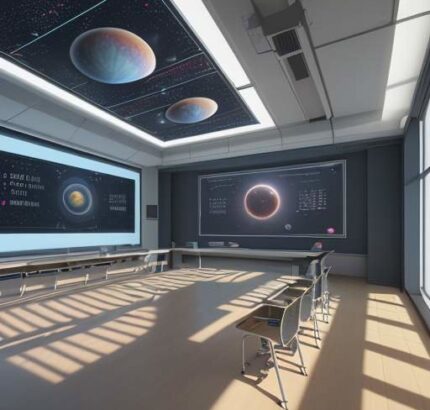 Diverse students in a futuristic, sun-drenched classroom interacting with floating holographic displays of DNA structures and planetary systems.
