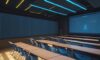 Students in a modern lecture hall interact with glowing holographic neural networks and floating equations, illustrating the shift toward collaborative learning with advanced technology.