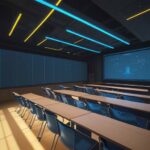 Students in a modern lecture hall interact with glowing holographic neural networks and floating equations, illustrating the shift toward collaborative learning with advanced technology.
