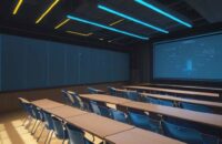 Students in a modern lecture hall interact with glowing holographic neural networks and floating equations, illustrating the shift toward collaborative learning with advanced technology.