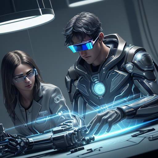 Two students wearing AR glasses collaborate to assemble a complex mechanical engine in a high-tech lab, surrounded by glowing digital overlays and holographic instructions.