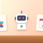Illustration with an AI robot, a stack of books and a calendar