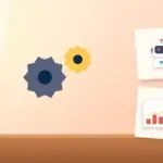 Illustration with gears, an AI robot and a rising chart