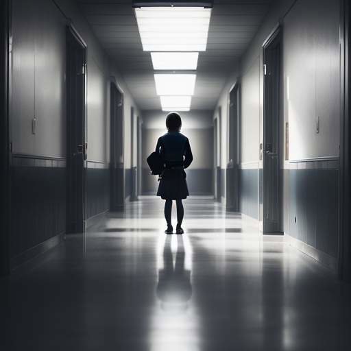 A distressed student stands alone in a dimly lit school hallway, looking at their phone with a look of vulnerability while other students are blurred in the background, illustrating the isolation of cyberbullying.
