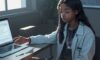A diverse Gen Z student in a sunlit, modern study space interacting with a glowing holographic 3D interface displaying coding symbols, musical notes, and scientific formulas.
