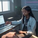 A diverse Gen Z student in a sunlit, modern study space interacting with a glowing holographic 3D interface displaying coding symbols, musical notes, and scientific formulas.