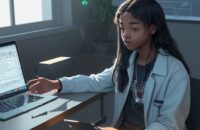 A diverse Gen Z student in a sunlit, modern study space interacting with a glowing holographic 3D interface displaying coding symbols, musical notes, and scientific formulas.