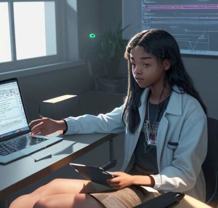 A diverse Gen Z student in a sunlit, modern study space interacting with a glowing holographic 3D interface displaying coding symbols, musical notes, and scientific formulas.