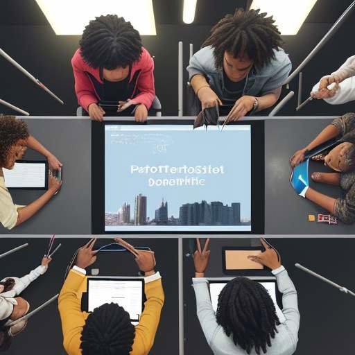 A diverse group of students and a mentor collaborate closely around a table, discussing a physical prototype and a digital tablet in a bright, modern workspace.