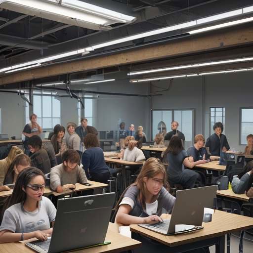 A diverse group of students collaborating with laptops and tablets in a modern workshop, where a robotic arm assists in assembling a complex mechanical component.
