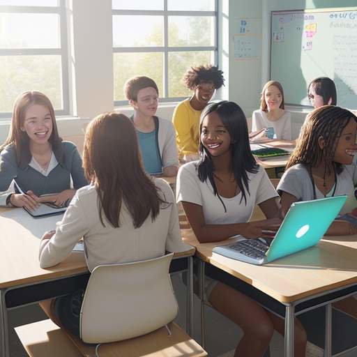 A diverse group of teenagers and a teacher smile and collaborate over a tablet in a sunlit classroom, discussing digital citizenship and online safety.