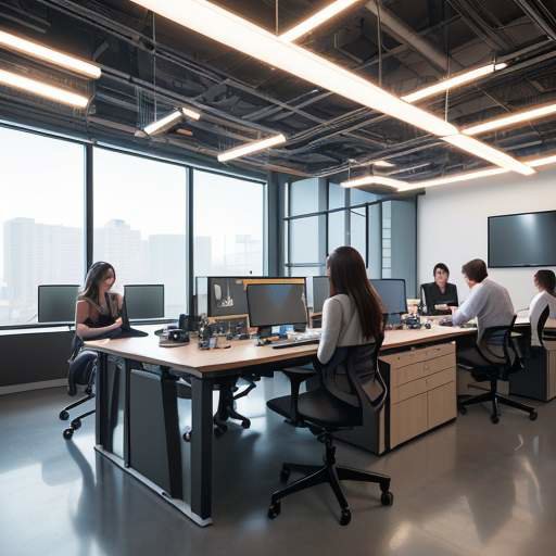 A diverse group of young professionals collaborating in a modern workspace, using high-tech workstations and large screens to analyze complex data with AI tools against a futuristic city skyline at sunset.