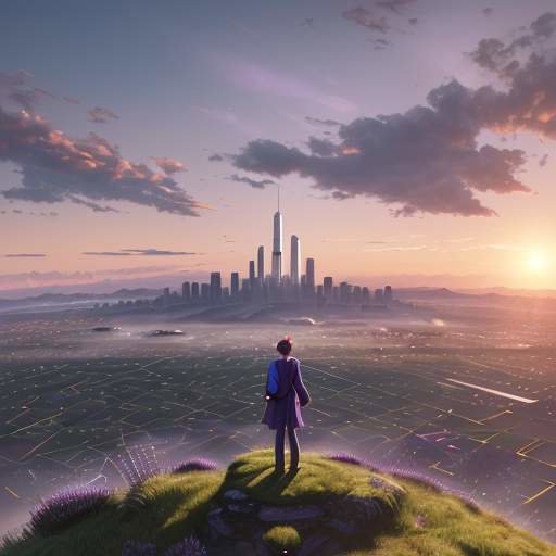A graduate stands on a hilltop holding a glowing digital diploma, overlooking a futuristic city at sunrise with a vibrant orange and purple sky.