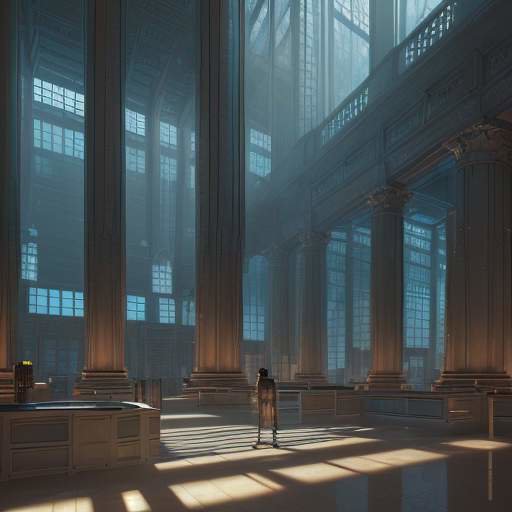 A grand, futuristic library where towering shelves of traditional leather-bound books merge with glowing holographic displays and digital data pillars, symbolizing the evolution of knowledge from physical to digital realms.
