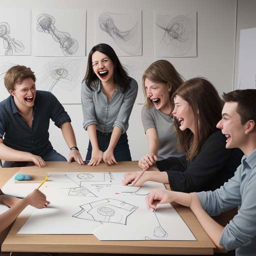 A group of diverse young professionals laughing and collaborating over sketches and prototypes in a bright, modern studio.