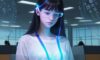 A high school student in a modern library looks at a glowing smartphone, surrounded by ethereal holographic icons representing social media and digital data.