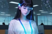 A high school student in a modern library looks at a glowing smartphone, surrounded by ethereal holographic icons representing social media and digital data.