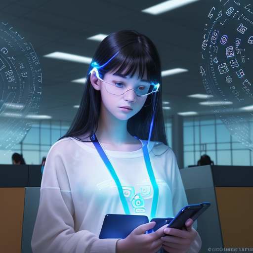 A high school student in a modern library looks at a glowing smartphone, surrounded by ethereal holographic icons representing social media and digital data.