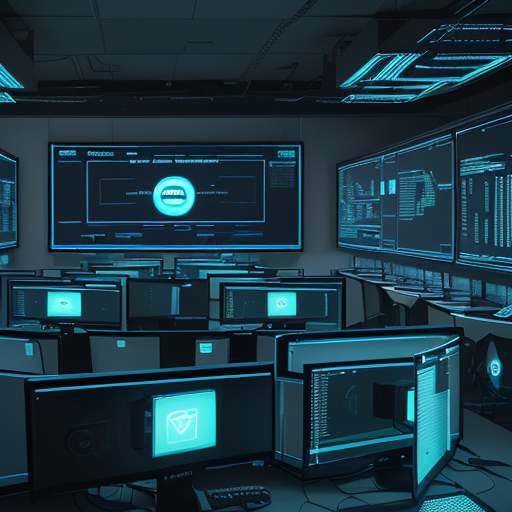 A high-tech security operations center with glowing screens displaying data visualizations and a digital shield icon over a network map, symbolizing advanced cybersecurity measures for educational platforms.