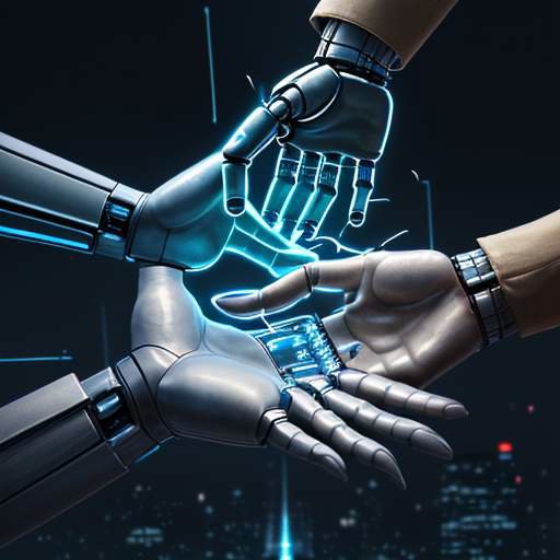 A human hand and a robotic hand meet over a glowing, translucent city blueprint, symbolizing the collaboration between human ethics and artificial intelligence.