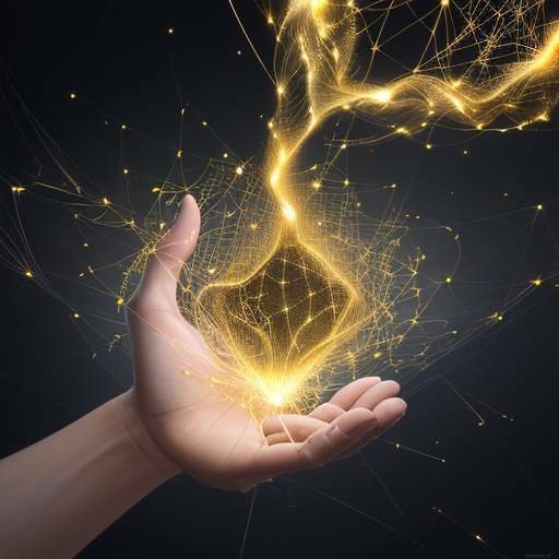A human hand reaches out to touch a glowing, intricate web of golden digital fibers, symbolizing the connection between human interaction and artificial intelligence in a dark, abstract space.