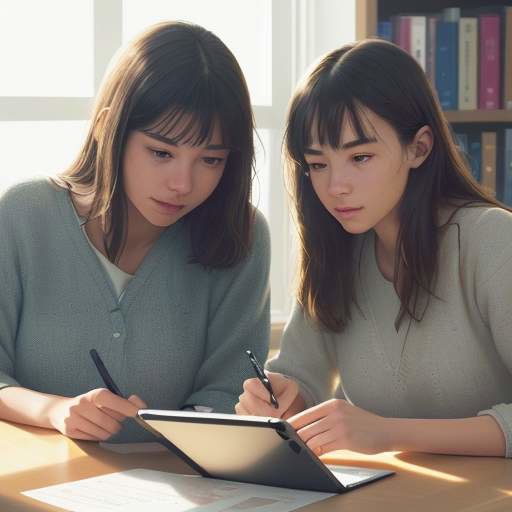 A mentor and student sit together in a modern library, looking at a tablet displaying a glowing neural network, illustrating a collaborative and supportive learning experience.