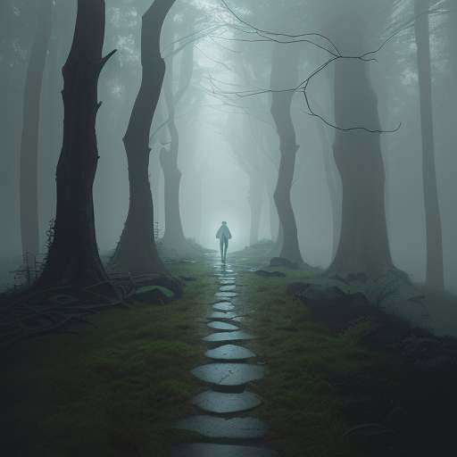 A person stands at a crossroads in a misty forest, choosing between a glowing digital path leading to a neon city and a rugged stone path leading to an ancient library.