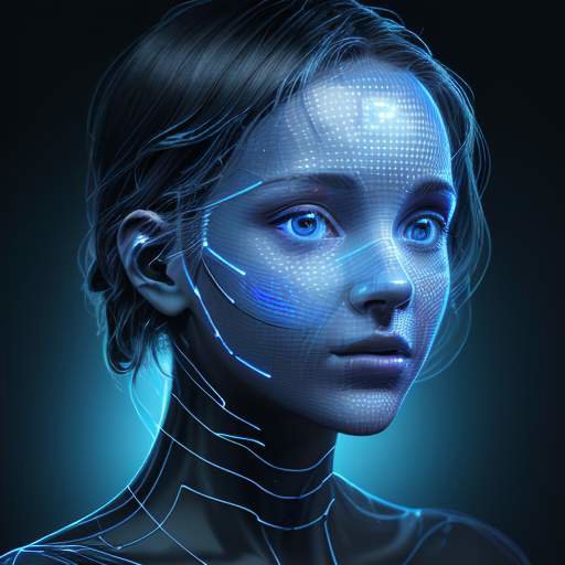 A split-screen image showing a human face transitioning into a glowing blue digital wireframe, illustrating the synthesis of deepfake technology in a high-tech laboratory setting.