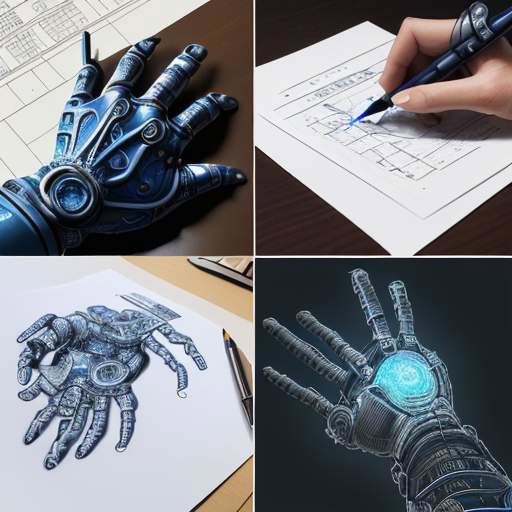 A split-screen image showing a human hand holding a fountain pen on one side and a robotic arm working on a holographic blueprint on the other, symbolizing the collaboration between human creativity and AI precision.