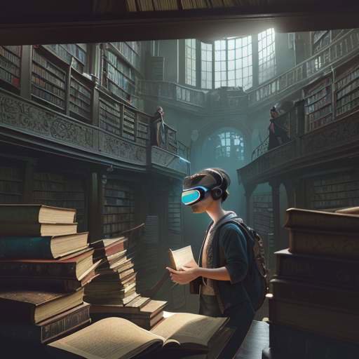 A split-screen image transitioning from a traditional, dusty library filled with books to a glowing digital laboratory where a student uses a VR headset to explore a 3D human heart.