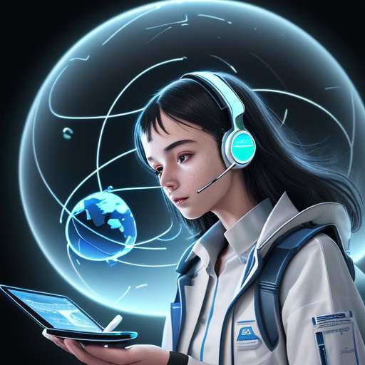 A student in a futuristic lab wears a headset while interacting with a holographic globe, comparing digital data points to physical academic journals on a desk.