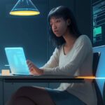 A student in a modern, glass-walled study lounge at night interacts with a glowing holographic neural network diagram, illustrating the process of refining and training AI models.