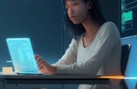 A student in a modern, glass-walled study lounge at night interacts with a glowing holographic neural network diagram, illustrating the process of refining and training AI models.