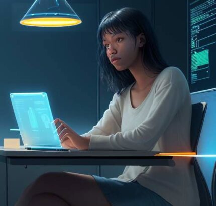 A student in a modern, glass-walled study lounge at night interacts with a glowing holographic neural network diagram, illustrating the process of refining and training AI models.
