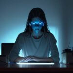 A student looks conflicted in a dimly lit room, their face illuminated by a laptop screen showing AI-generated text amidst a desk cluttered with traditional textbooks and handwritten notes.