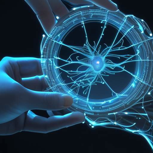 A student's hands and face are shown in a close-up, focused on a transparent glass screen displaying a glowing blue and gold neural network in a minimalist laboratory.