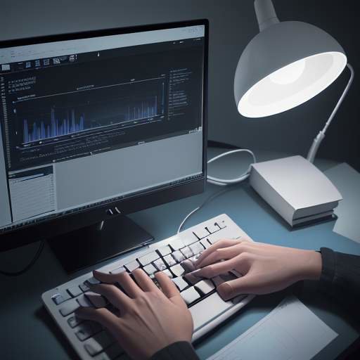 A student's hands type on a backlit keyboard in a dimly lit lab, with a glowing holographic interface displaying neural networks and complex data visualizations above the desk.