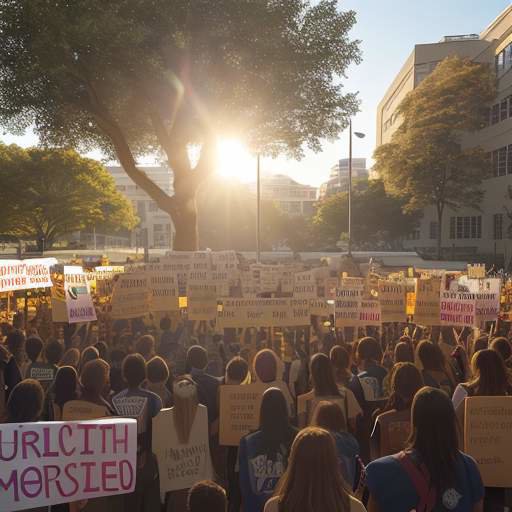 A sunlit campus quad where a diverse group of students holds hand‑painted signs reading “Keep Learning Human” and “AI ≠ Insight”, protest banners fluttering in a gentle breeze, sharp focus on facial determination and colorful poster details, cinem…