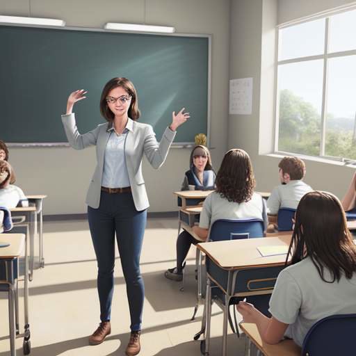 A teacher mentoring a diverse group of engaged students in a sun-drenched, modern classroom as they collaborate on a project involving augmented reality technology.