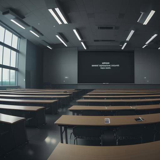 A wide shot of a modern lecture hall where students look uneasy as glowing digital icons hover in the air, symbolizing pervasive surveillance and the tension between human learning and automated monitoring.
