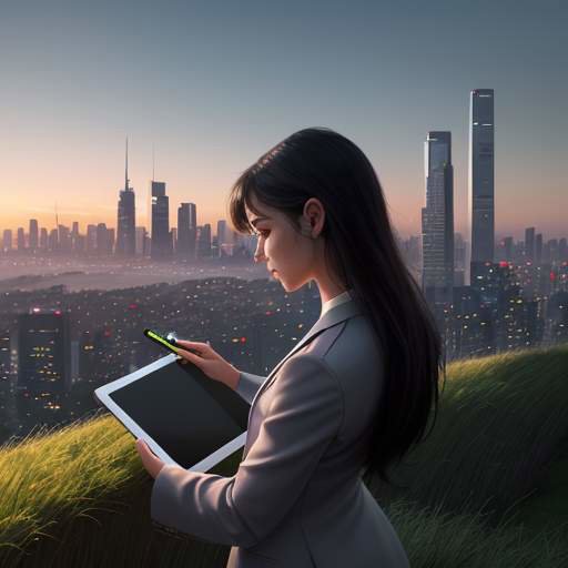 A young graduate stands on a grassy hill at sunrise, holding a glowing tablet while looking toward a futuristic city skyline, symbolizing opportunity and the mastery of new technology.