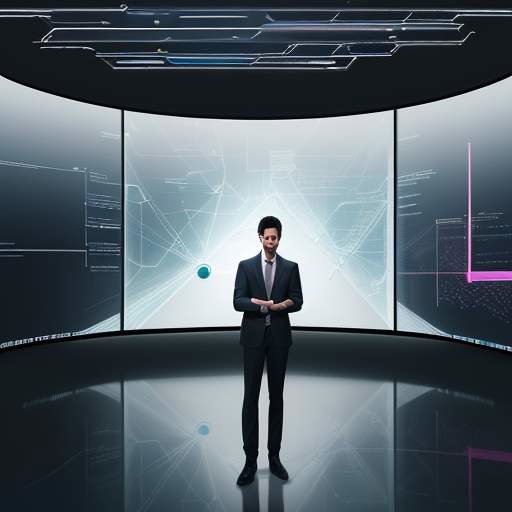 A young professional in a modern office interacts with a large holographic display of complex data visualizations, symbolizing the seamless transition from education to a high-tech career.