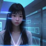 An East Asian student in a high-tech library interacts with a glowing holographic 3D data visualization, symbolizing the synthesis of human intelligence and advanced technology.