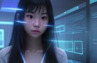 An East Asian student in a high-tech library interacts with a glowing holographic 3D data visualization, symbolizing the synthesis of human intelligence and advanced technology.