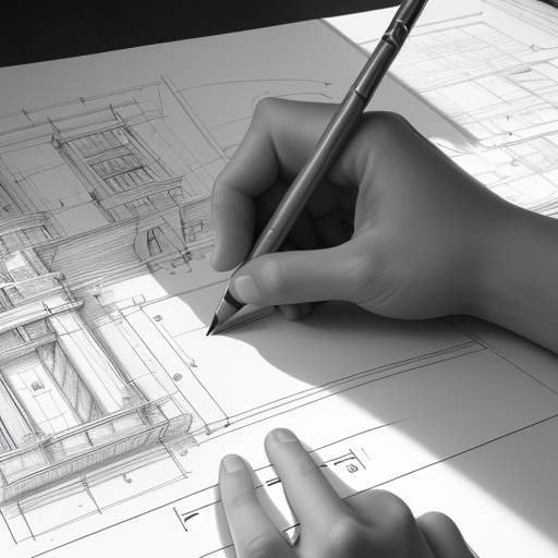 A close-up of hands sketching a detailed architectural blueprint on a large table in a sunlit studio, surrounded by drafting tools and papers.